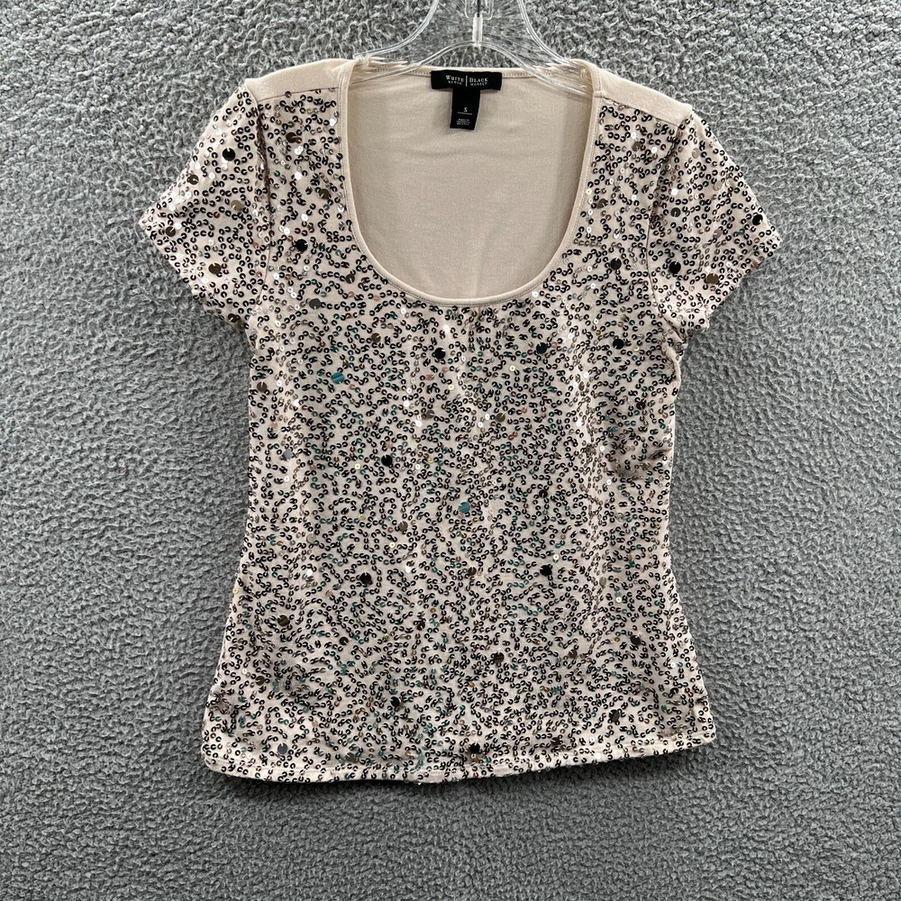 White House Black Market Womens Sequin Scoop Neck Top S Party Date Night Glam